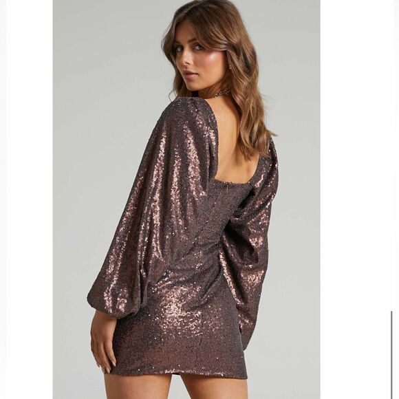 Kat Long Sleeve Bodycon Mini Dress in Chocolate Sequin - Showpo Bodycon Dresses - Picture 5 of 12